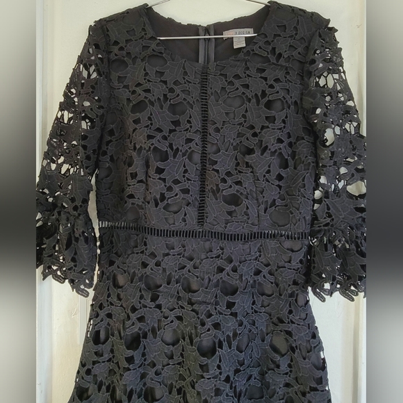 New Love X Design Jet Black Bell Sleeve Lace Mini Dress Fit And Flare Medium - Picture 8 of 16